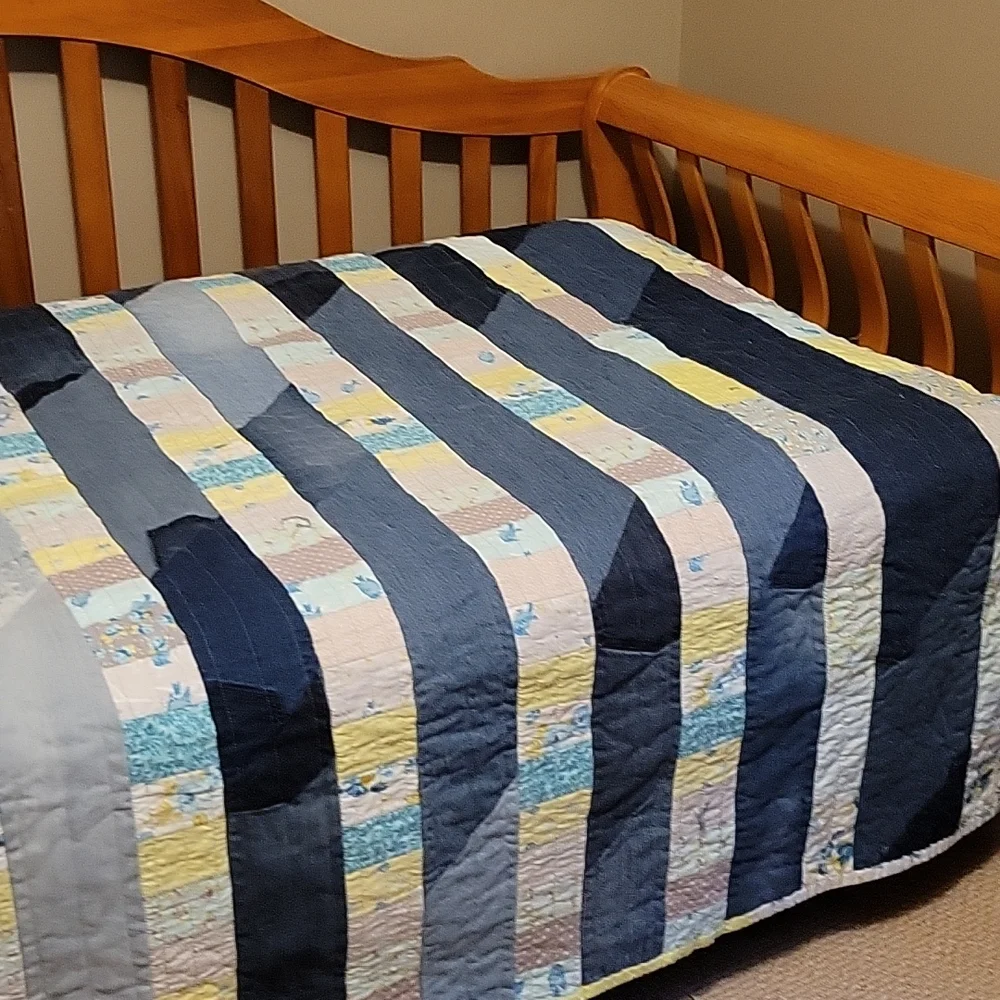 Upcyclef Twin Rag Quilt hand crafted with Denim Jeans Blue Yellow &  Gray Fabric
